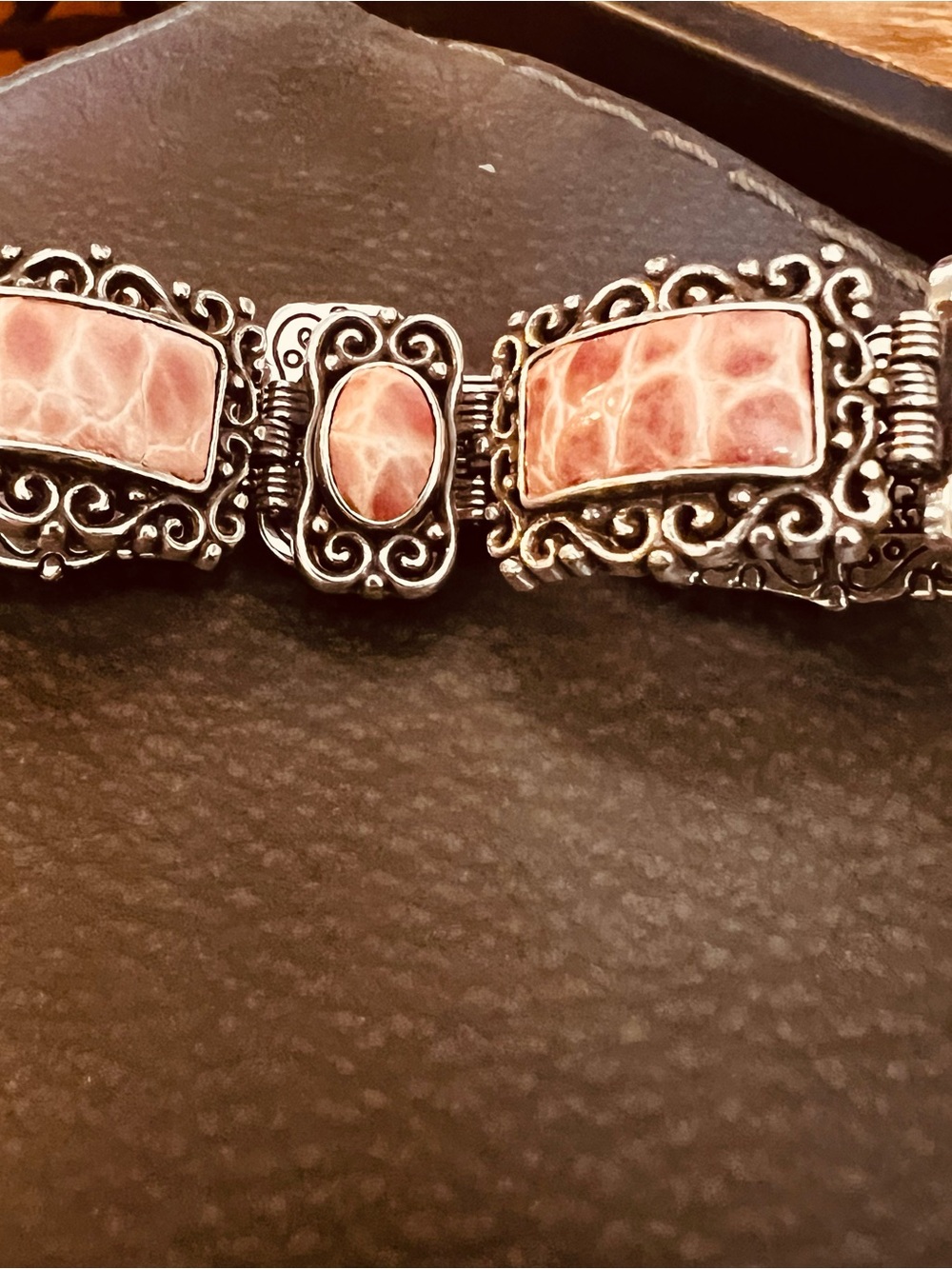 Silver Filigree Bracelet with Pink Stone Inlays